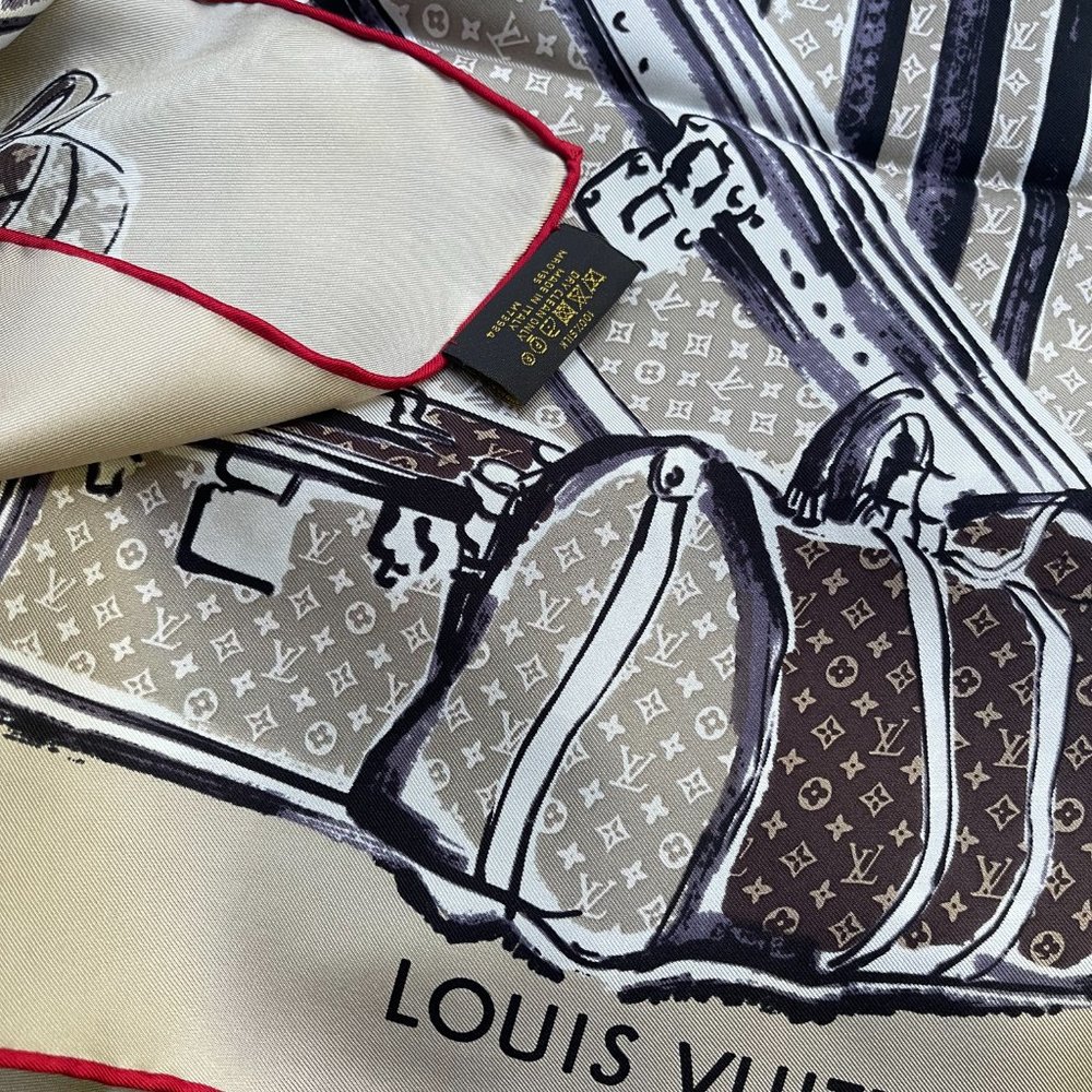 Louis Vuitton Scarf Trunks Monogram Beige Brown Silk Wrap - Picture 9 of 14